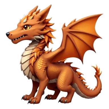 Majestic wolf-like dragon with red sandstone scales and layered plates resembling canyon rock formations. Crystallized mineral mane with copper and gold hues runs down its neck and back. Obsidian claws, amber eyes, and a tail of stone spires. Pokémon style. orange-ish brown fur/scales. sticker
