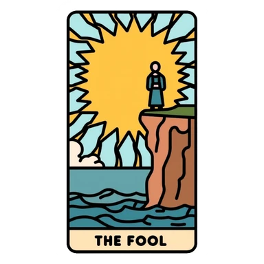 The Fool tarot card with sun in corner and figure near cliff sticker
