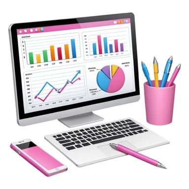 computer on a desk with papers, notes, notebook and pens showing data analysis stuff on it pink sticker