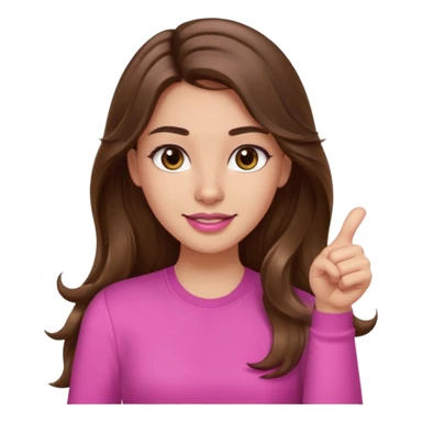 girl with long wavy brown hair, brown eyes, light to medium complexion, in a pink shirt, pink lips, long lashes, thumbs up sticker