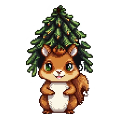 A greedy squirrel with a large pine cone balanced on its head, with a weird facial expression and wide eyes sticker