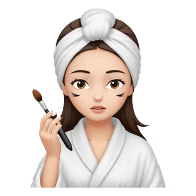 Girl with brown hair in white dressing gown and white towel wrapped in her head doing her makeup. Eyes closed white dark hair and towel wrapped differently doing mascara sticker