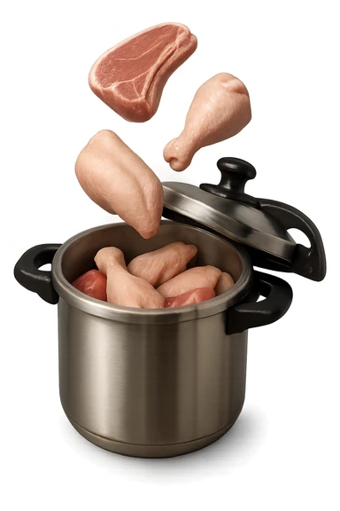 emoji stile iphone in 3d di una pentola a pressione dentro cui cadono agnello, pollo e tacchino crudi da cuocere, iperrealistico 4k sticker