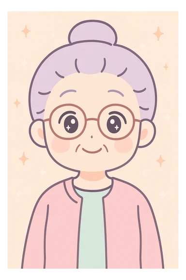 anime style older woman with glasses, friendly expression, simple background sticker