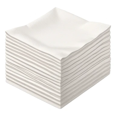 neat stack of soft white paper napkins, square or rectangular, slightly textured edges, faint embossed border, top napkin slightly lifted or curled to suggest flexibility, soft lighting, subtle shadows, emoji scale sticker
