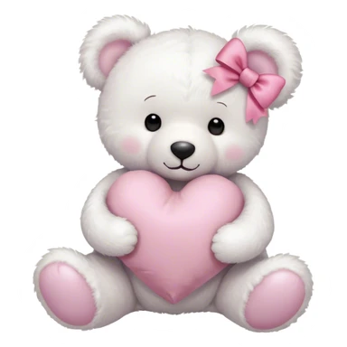 "A fluffy white teddy bear holding a heart-shaped pillow, adorned with a pink bow, dreamy aesthetic."
 sticker