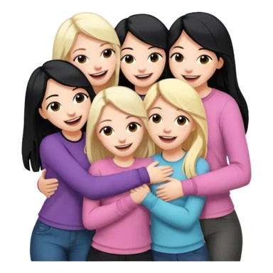 Girlfriend emoji - 5 white girlfriends, two with long dark black hair, one with medium blonde hair, one with long pale pink hair, one with short light blonde hair.  They should be laughing and hugging  sticker