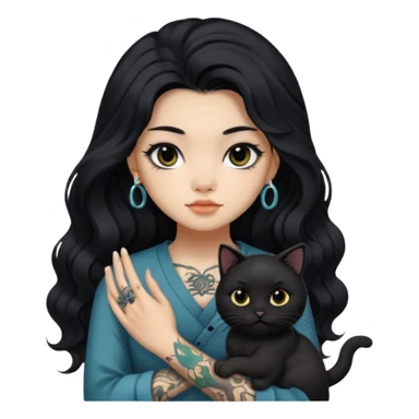 a Chinese girl with long black  Big Wave hair and tattoos and a black round faced cat and black eyes sticker
