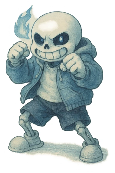 Sans from Undertale in a fighting pose, blue and white color palette sticker