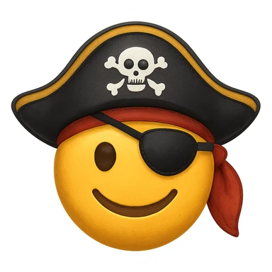 Add an eye patch over the blindfold for the pirate captain. Keep the pirate hat and smiling expression. Render in emoji style with transparent background. sticker