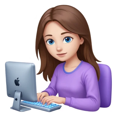 beautiful girl with long brown hair, blue eyes and wearing light purple clothes playing computer games sticker