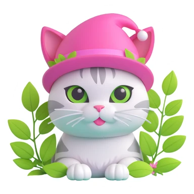 A cat with a pink hat and green leaves, light pink background sticker