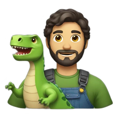 A man with dark hair and a beard, holding a dinosaur sticker