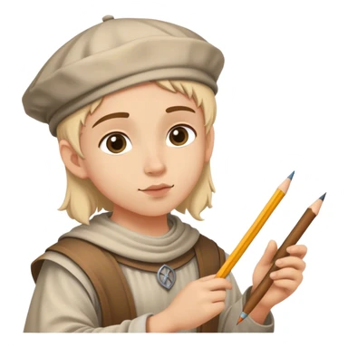 young painter apprentice drawing with pencil, medieval age sticker