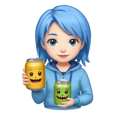 Chibi sticker of a woman with powder blue hair with white eyes hold a can of Monster with a smug smile; cozy style sticker