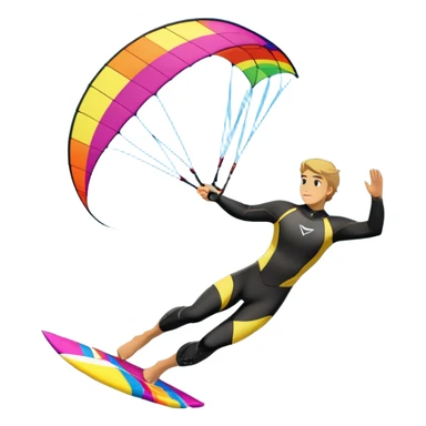 A kite surfer gliding across the water with a colorful kite soaring in the wind. The scene captures the excitement and fluid movement of the sport, with waves splashing around and a clear sky, emphasizing freedom and adventure. sticker