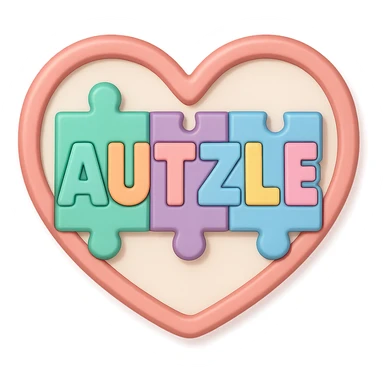 Modern, playful logo: 'AUTZLE' spelled in puzzle-piece letters, each in a different bright pastel shade mint, peach, lavender, light blue, soft yellow, pink. The word is enclosed in a smooth, soft-curved heart shape, subtly framing the letters to symbolize love and support for the autism community. Clean, vibrant, and warm look with soft lighting, subtle 3D shadows, and a transparent or white background. sticker