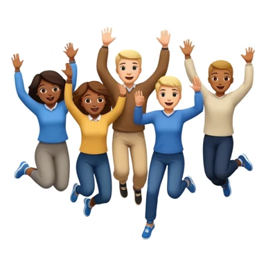 group of happy adult students, some jumping, cheerful, diverse, classroom background sticker