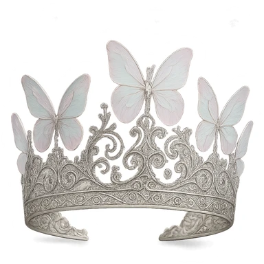 a butterfly crown in silver, with intricate filigree and translucent pastel butterfly wings sticker
