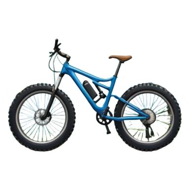 An icon featuring a forest trail or rocky mountain road. The background shows dense trees, steep slopes, and distant peaks under a clear blue sky with mountain bike with wide tires, positioned on  Transparent background highlights the thrill and rugged beauty of mountain biking. sticker