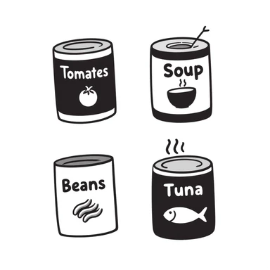 Four hand-drawn canned food items, showing different types of canned goods sticker