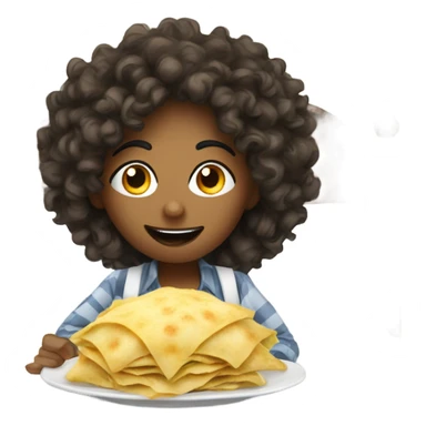 Person that’s mixed in a hotel on a bed witt curly hair and freckles eating ravioli on a white bed sticker
