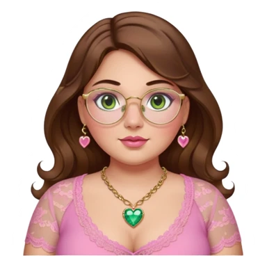Baddie bratz girl with middle parted long wavy brown hair. green eyes. Plus size. pink lace top. gold nose ring. pink heart crystal necklace. Gold rimmed glasses sticker