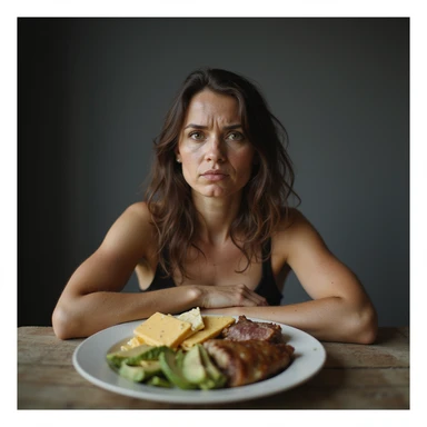 vertical 9:16 portrait of a woman with PCOS sitting at a table with a ketogenic plate including eggs, cheese, avocado, and meat, perplexed or dissatisfied expression, face with acne and facial hair, thin hair, realistic environment, hyperrealistic 4K details sticker