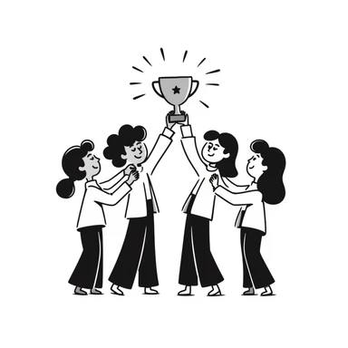 four students lifting a trophy, warm atmosphere, hand drawn style, friendly atmosphere sticker