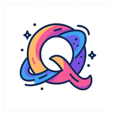 quasar shaped like the letter Q, glowing cosmic energy, swirling space dust, vibrant colors, stylized as an icon sticker
