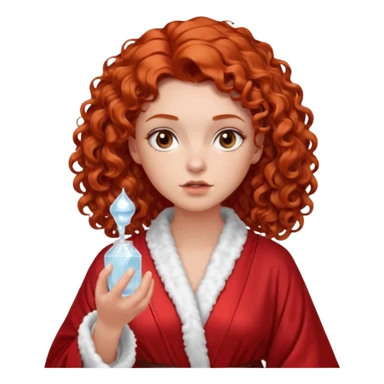 Cartoon emoji of a girl with voluminous curly red hair, fair skin, warm brown eyes. Wearing a chic milky silk robe with long sleeves, no makeup. Portrait mode, holding a ice cube for face skin care, looking doubtful and unsure. Smooth, simple, stylized." sticker