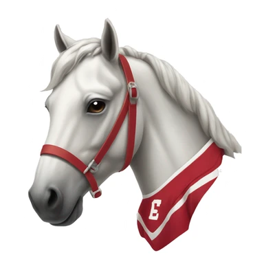 a white horse wearing a crimson footbal jersey sticker