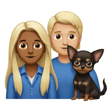 Hombre con pelo largo rubio su pareja chica de pelo castaño oscuro y un chihuahua negro sticker
