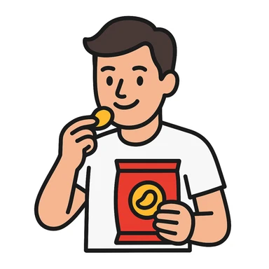 man eating chips, more white, smiling a little sticker