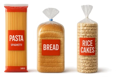 pacco di pasta realistico, pacco di pane, pacco di gallette di riso, 4k sticker