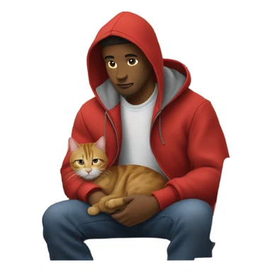 man in a carhartt coat with a red hoodie on and a tabby cat in his lap in a home office  sticker