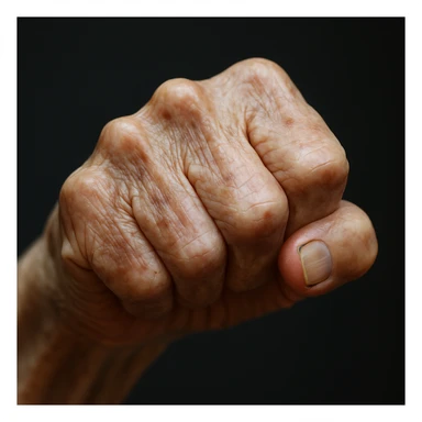 Make the elderly wrinkled white fist even more realistic, with deeper, more pronounced wrinkles and age spots, in a photorealistic style. sticker