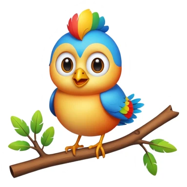 A colorful 3D cartoon bird perched on a small branch, bright feathers, round eyes, and cheerful smile, soft lighting, Memoji-style rendering. sticker