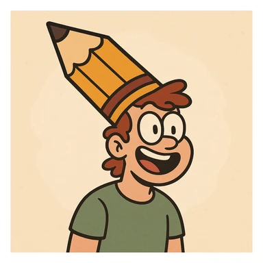 a cheerful person with a large pencil hat, cartoon style, colorful, fun, simple illustration sticker