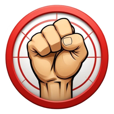 Round emblem symbolizing combat sports, featuring a clenched fist facing forward at the center. The fist is bold and strong, representing power and skill in martial arts. Surrounding the fist are dynamic lines, giving the emblem a sense of motion and energy. sticker