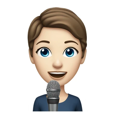 a woman with short brown hair, blue eyes, pale skin, singing into a microphone sticker