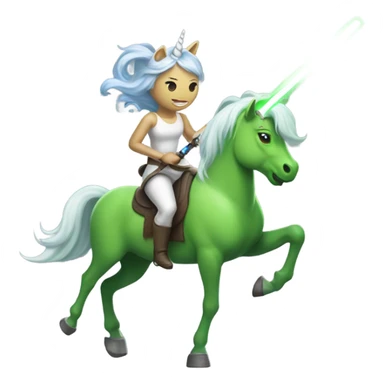 a unicorn with a green alien woman on it holding a lightsaber sticker