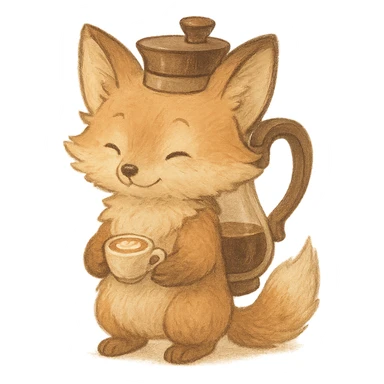 soft pastel fluffy fox with coffee maker elements holding a tiny latte cup, brown and beige tones, full-body sticker