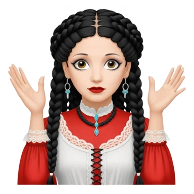 Lene Lovich as seen on the Stateless album cover with a typical symmetrical pose with her hands, lots of lace and braided hair sticker