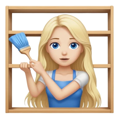 Cinematic realistic blonde with long hair, blue eyes wipes dust from a shelf sticker