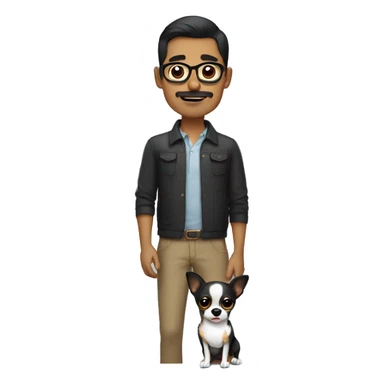 dark hair dark eye man with short mustache wearing glasses holding chihuahua sticker