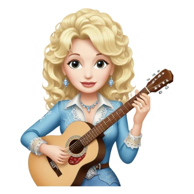 Icon for Country Music: Dolly Parton with her signature blonde curls, wearing a rhinestone-embellished outfit, holding an acoustic guitar. A classic country backdrop with musical notes, emphasizing her legendary status. Transparent background. sticker