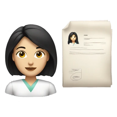 white woman with black hair and with documents sticker