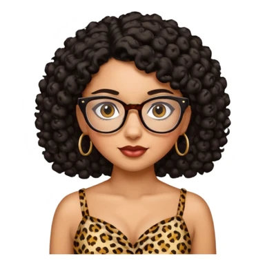 A women who wears glasses with a black curly hair, in a leopard print dress sweetheart neckline  sticker