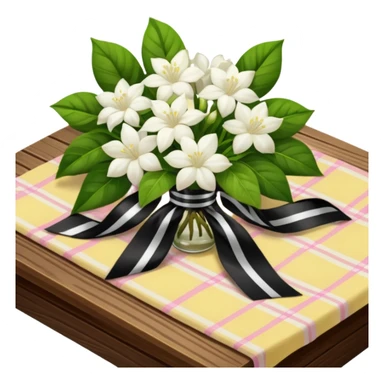 A lush bouquet of white color Jasmin black satin ribbon, resting on an antique wooden table, with a pale yellow and pink plaid pattern table cloth sticker